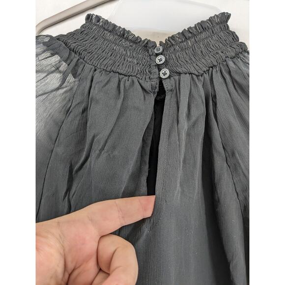 Joie Smocked Top S Black Sheer Long Sleeves Lined Keyhole Blouse High Mock Neck - Picture 5 of 14